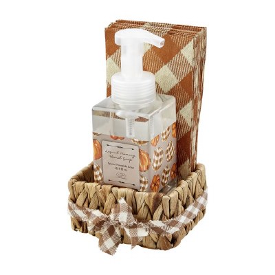 17 oz Spiced Pumpkin Hand Soap With Brown Plaid Guest Towels in a Water Hyacinth Basket by Mud Pie Fall and Thanksgiving