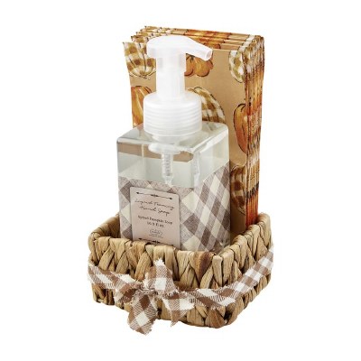 17 oz Spiced Pumpkin Hand Soap With Beige Pumpkins Guest Towels in a Water Hyacinth Basket by Mud Pie Fall and Thanksgiving