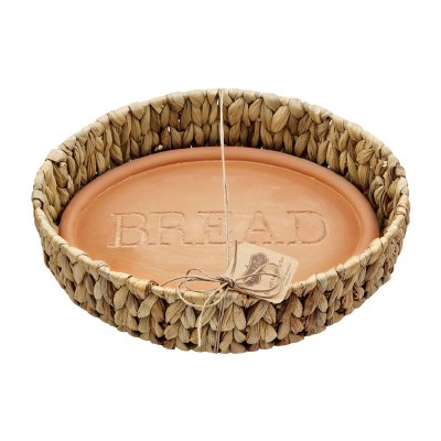 13" Oval Water Hyacinth Basket With Round Bread Engraved Terracotta Stone by Mud Pie