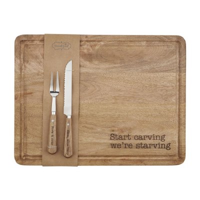 15" x 20" Etched Wood Start Carving Board With Carving Fork and Knife by Mud Pie