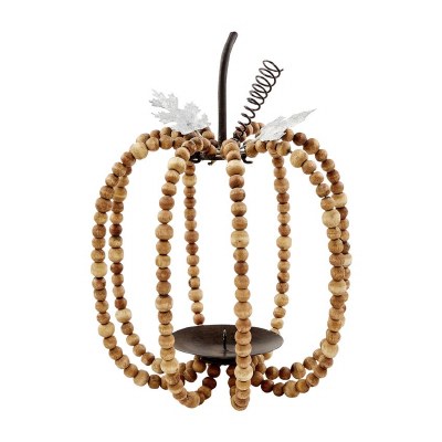 9" Mango Wood Bead and Metal Wire Pumpkin Lantern by Mud Pie Fall and Thanksgiving Decoration