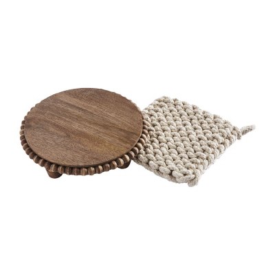 8" Round Brown Beaded Mango Wood Trivet With Crocheted Pot Holder by Mud Pie
