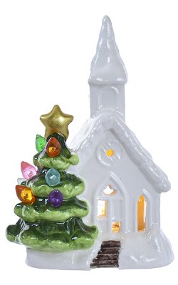 5" White Ceramic LED Church and Multicolor Light Tree