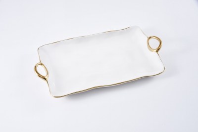 18" Large White and Gold Rectangular Tray with Handles by Pampa Bay