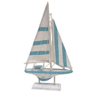 12" Light Blue and White Striped Wood Sailboat With Stand