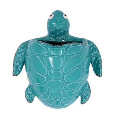 8" Teal Ceramic Embossed Sea Turtle Wall Planter