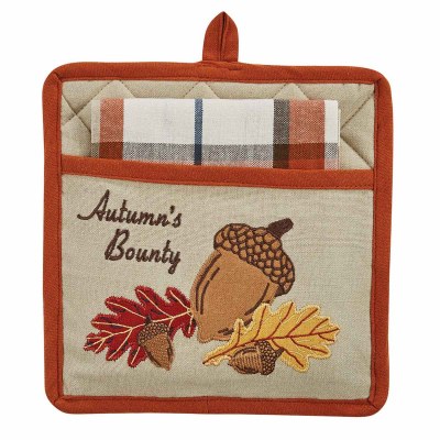 Set of 2 Autumn's Bounty Pocket Potholder With Plaid Kitchen Towel Fall and Thanksgiving