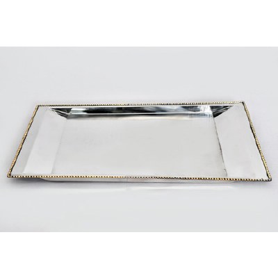 Stainless Steel Large Rectangular Tray With Brass Beaded Rim