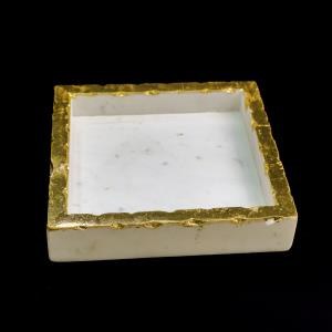 Sq White Marble and Gold Lunch Napkin Holder