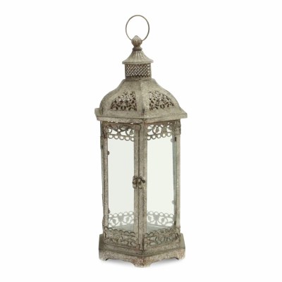 21" Distressed Gray Metal Hexagonal Lantern With Glass Windows