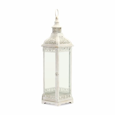 29" Distressed White Metal Hexagonal Lantern With Glass Windows