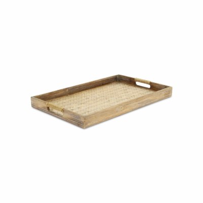 12" x 19" Brown Woven Wood Center Tray With Rope Wrapped Handles