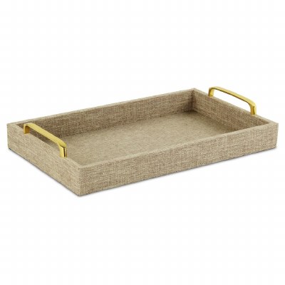 Beige Linen Rectangle Tay With Gold Handles