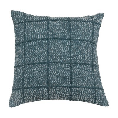 20" Square Blue Woven Cotton Embroidered Grid Pillow