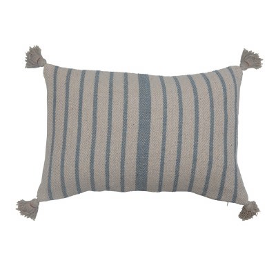 16" x 24" Blue and White Striped Recycled Cotton Lumbar Pillow With Tassels