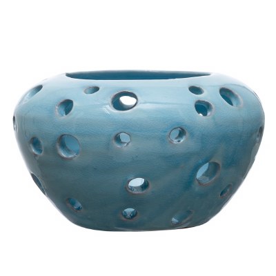 8" Round Aqua Ceramic With Holes Votive Candleholder