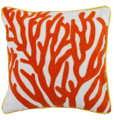 17" Square Orange Embroidered Coral Outdoor Pillow With Yellow Piping