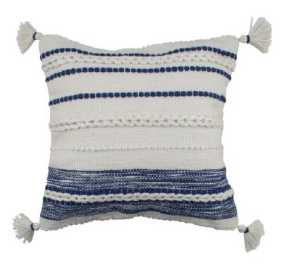 17" Square Navy and Ivory Striped Outdoor Pillow With Tassels
