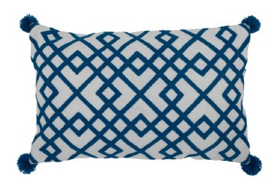12" x 20" Peacock Blue and White Geometric Outdoor Pillow With Pom Poms