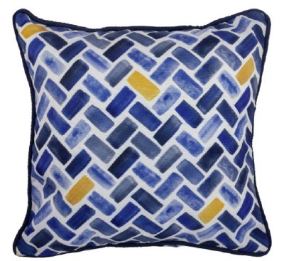 17" Square Dark Blue and Yellow Herringbone Outdoor Pillow With Piping