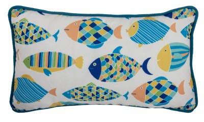 12" x 20" Yellow, Blue and Green Fish Outdoor Pillow With Piping