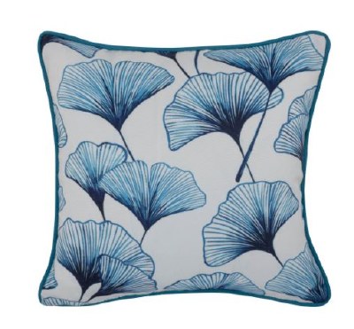 17" Square Blue and White Gingko Leaves Outdoor Pillow With Piping