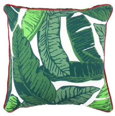 17" Square Green Tropical Leaves Outdoor Pillow With Red Piping