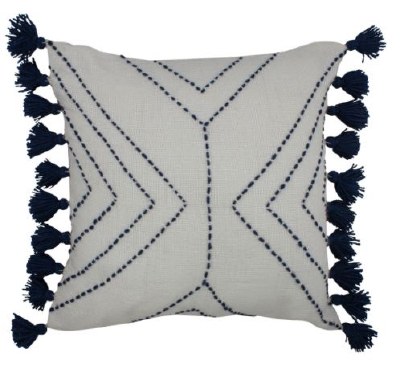 17" Square Ivory With Navy Dash Stitching and Tassels Pillow