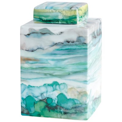 10" Square Green, Blue and Yellow Watercolor Horizon Jar With Top