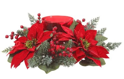 14" Red Velvet Berry and Pine Poinsettia Centerpiece With Red Glass Candleholder