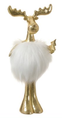 14" Gold Moose Statue With White Fur Holding a Tree