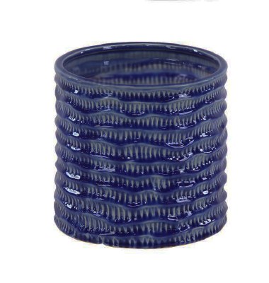 9" Round Dark Blue Ribbed Ceramic Pot