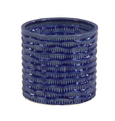 6" Round Dark Blue Ribbed Ceramic Pot