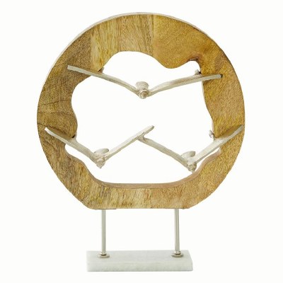 15" Silver Metal Seagull Trio in Wood Log Sculpture With Marble Base