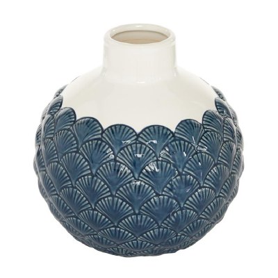 8" Round White and Blue Ceramic Art Deco Vase