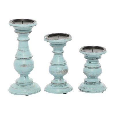 Set of 3 Distressed Light Blue Wood Pillar Candleholders