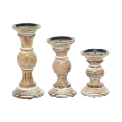 Set of 3 Whitewashed Brown Wood Pillar Candleholders