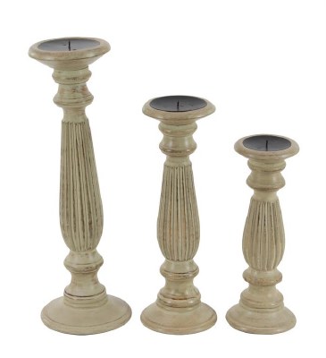 Set of 3 Taupe Wood Ribbed Pillar Candleholders
