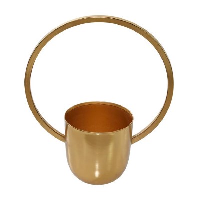 11" Round Gold Metal Round Pot and Hoop Hanging Planter