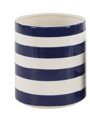 12" Round Navy and White Striped Ceramic Pot