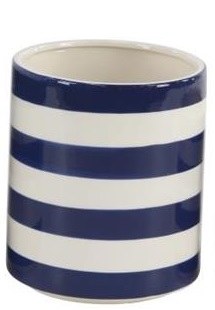 9" Round Navy and White Striped Ceramic Pot