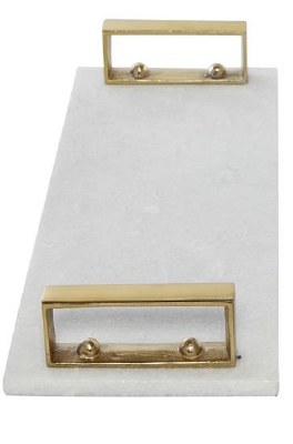18" White Marble Slab Tray With Square Gold Handles