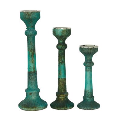 Set of 3 6" Round Antique Turquoise and Textured Glass Pillar Candleholders