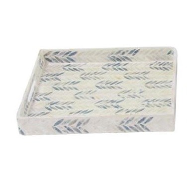 14" Square Blue and White Mother of Pearl Chevron Lacquer Tray