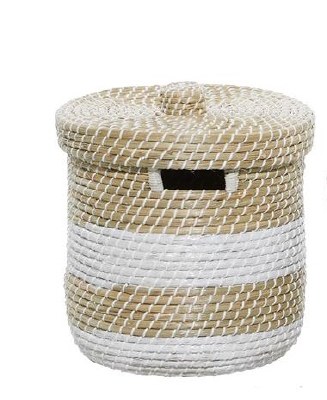 15" Round Natural and White Color Block Seagrass Basket With Lid