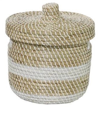 13" Natural and White Color Block Seagrass Basket With Lid