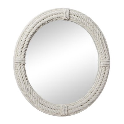 36" Round White Rope Covered Wood Wall Mirror