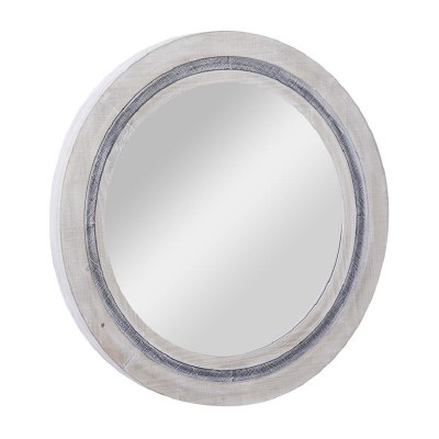 34" Round Whitewashed Wood With Blue Border Wall Mirror