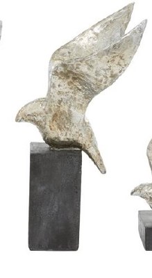 14" Silver Polyresin Bird Sculpture on Tall Black Base