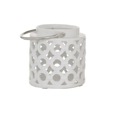 8" White Ceramic Open Circles Lantern With Silver Handle